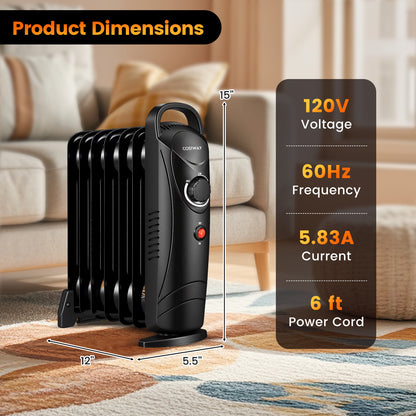 700W Electric Oil Filled Radiator Heater with Adjustable Thermostat-Black