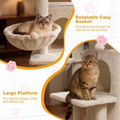33.5 Inch Cute Kitten Tower with 2-Tier Condo and Padded Top Perch-Beige