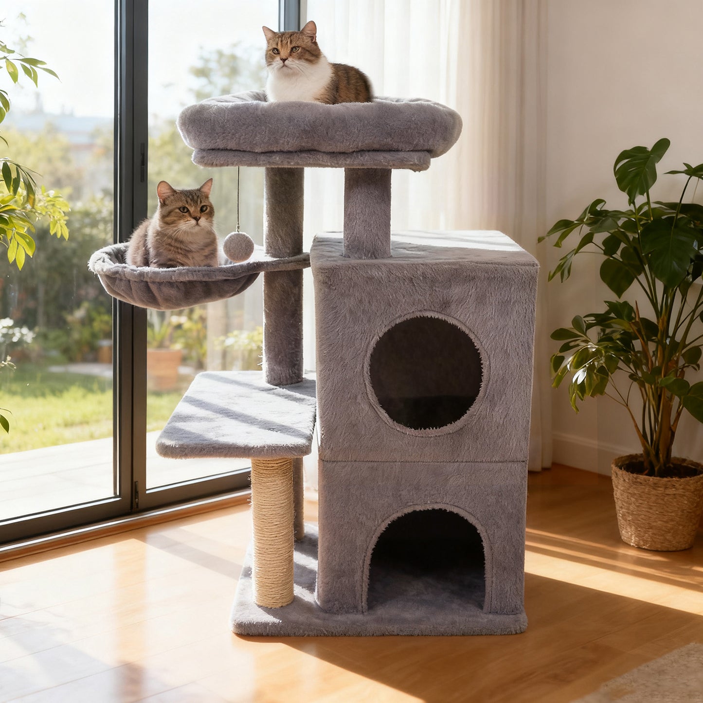 33.5 Inch Cute Kitten Tower with 2-Tier Condo and Padded Top Perch-Light Gray
