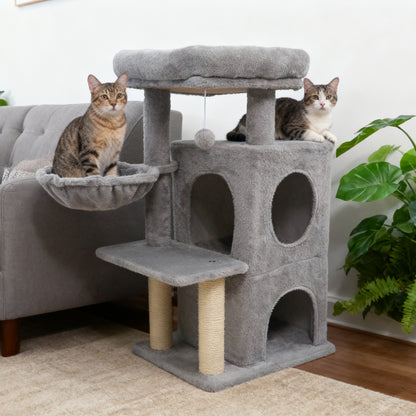 33.5 Inch Cute Kitten Tower with 2-Tier Condo and Padded Top Perch-Light Gray