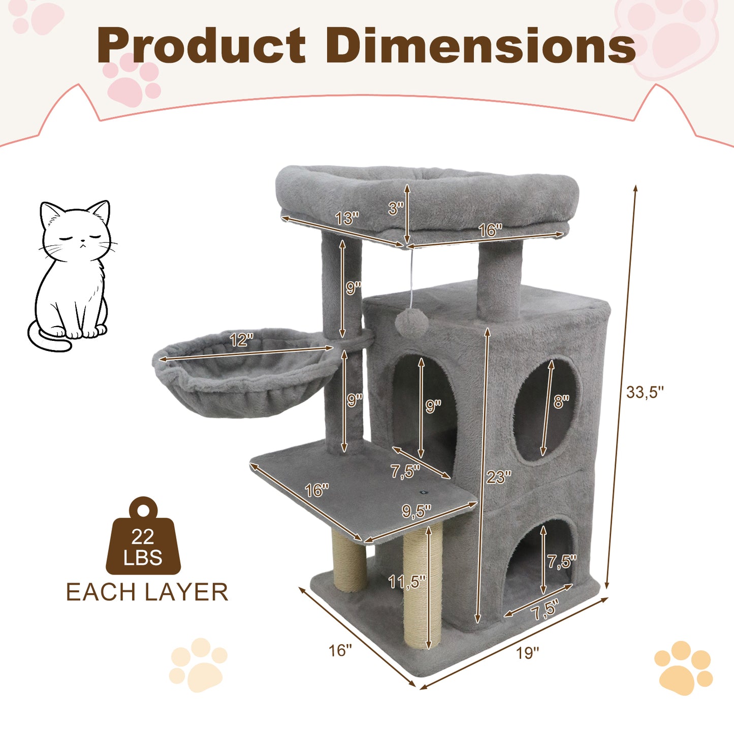 33.5 Inch Cute Kitten Tower with 2-Tier Condo and Padded Top Perch-Light Gray