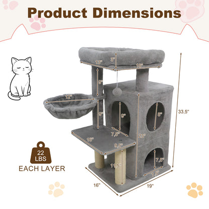 33.5 Inch Cute Kitten Tower with 2-Tier Condo and Padded Top Perch-Light Gray