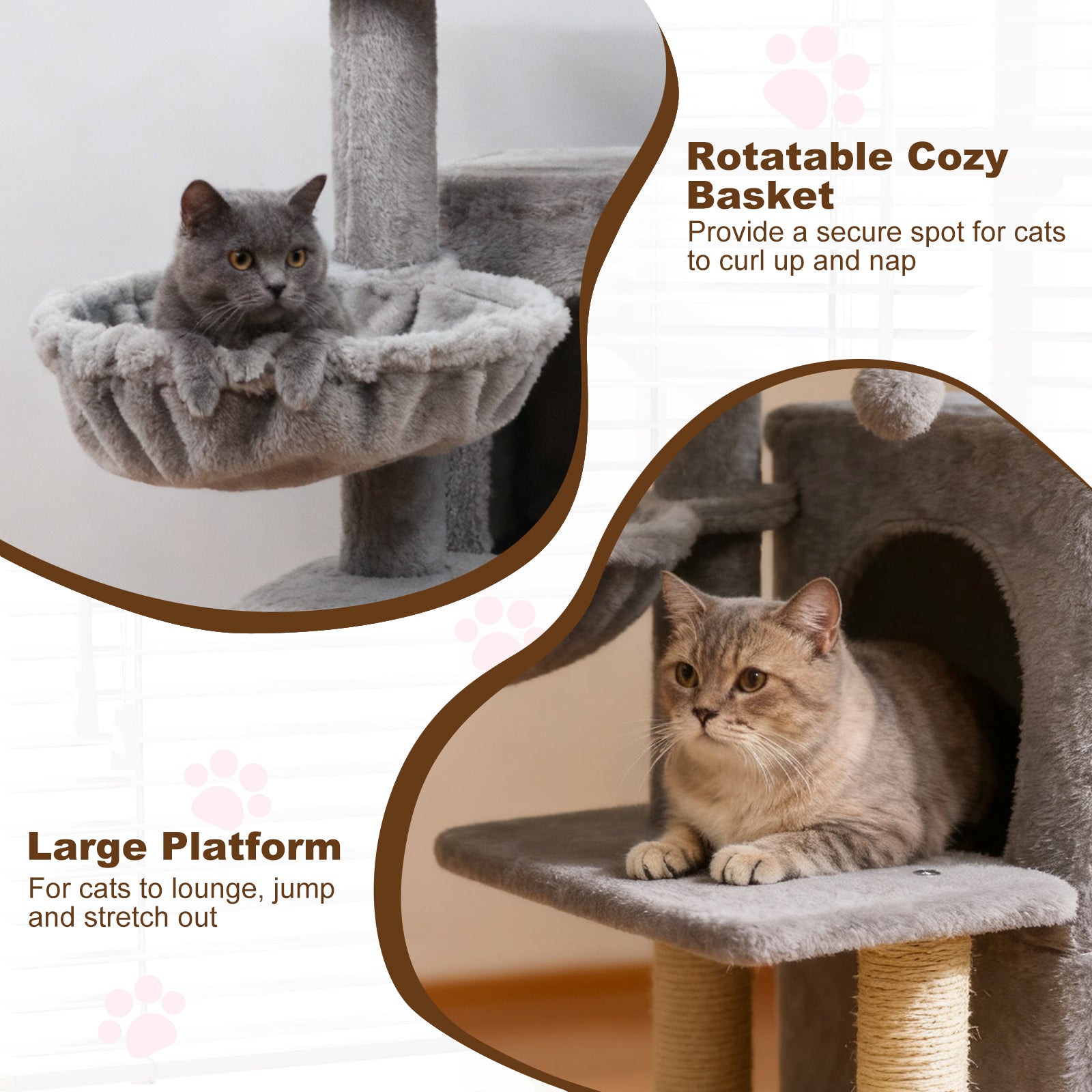 33.5 Inch Cute Kitten Tower with 2-Tier Condo and Padded Top Perch-Light Gray