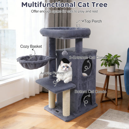 33.5 Inch Cute Kitten Tower with 2-Tier Condo and Padded Top Perch-Dark Gray