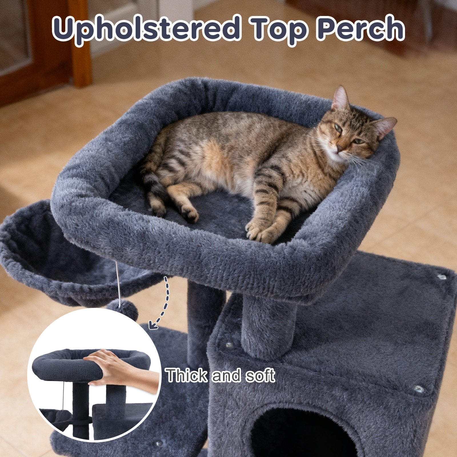33.5 Inch Cute Kitten Tower with 2-Tier Condo and Padded Top Perch-Dark Gray