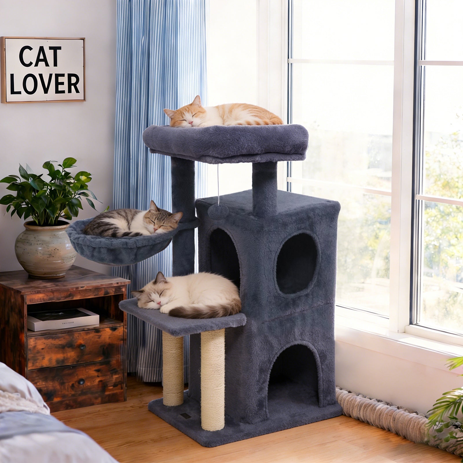 33.5 Inch Cute Kitten Tower with 2-Tier Condo and Padded Top Perch-Dark Gray