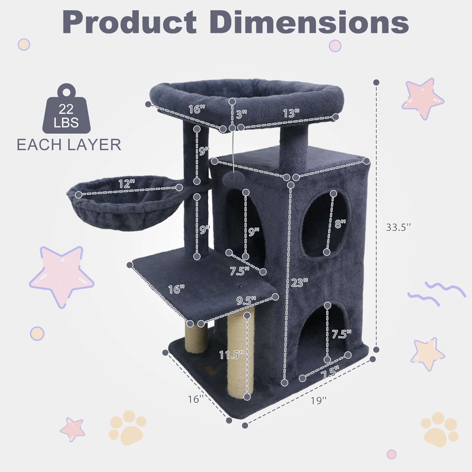 33.5 Inch Cute Kitten Tower with 2-Tier Condo and Padded Top Perch-Dark Gray