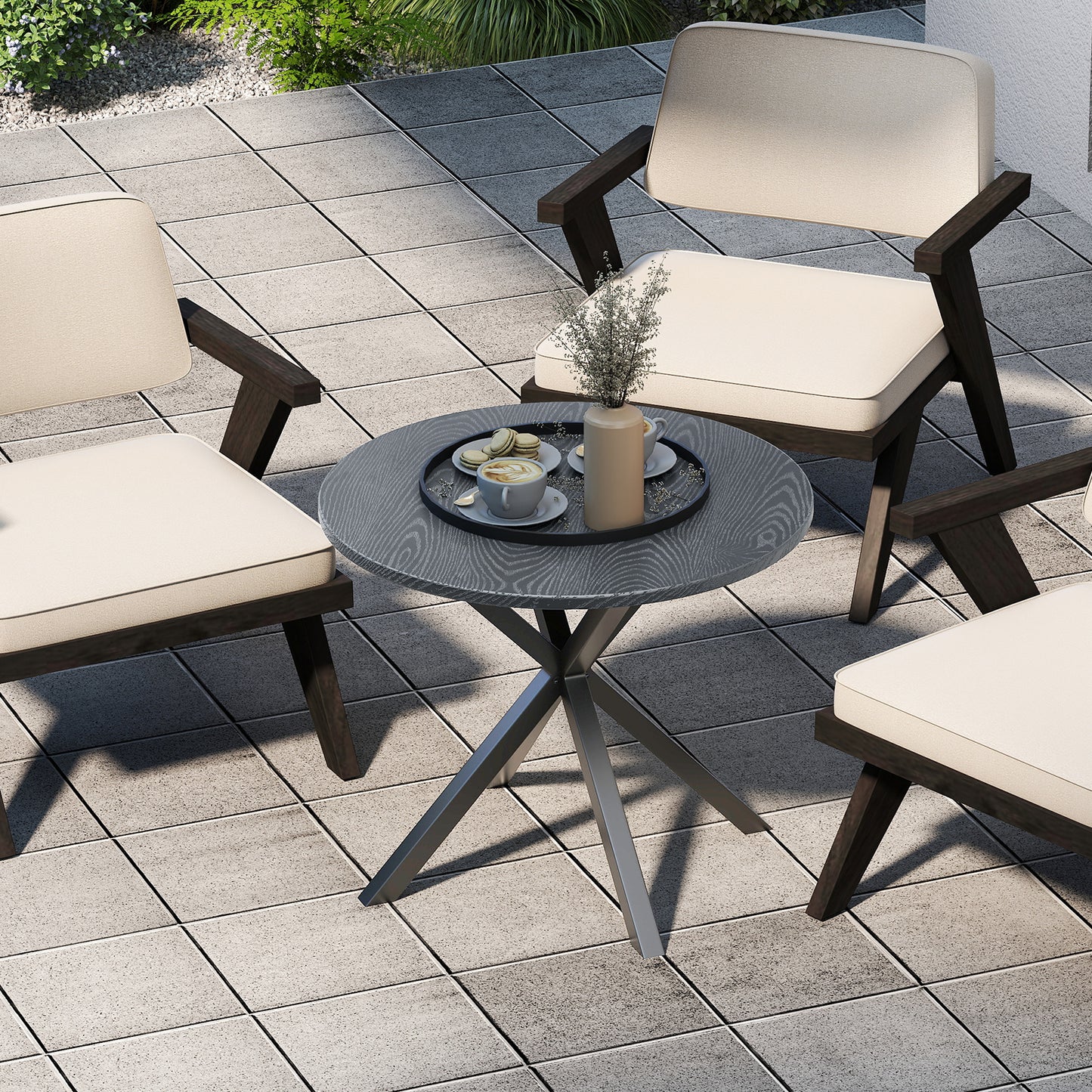 33.5 Inch Round Patio Bistro Table with Wood-Like Top and X-Shaped Legs-Gray