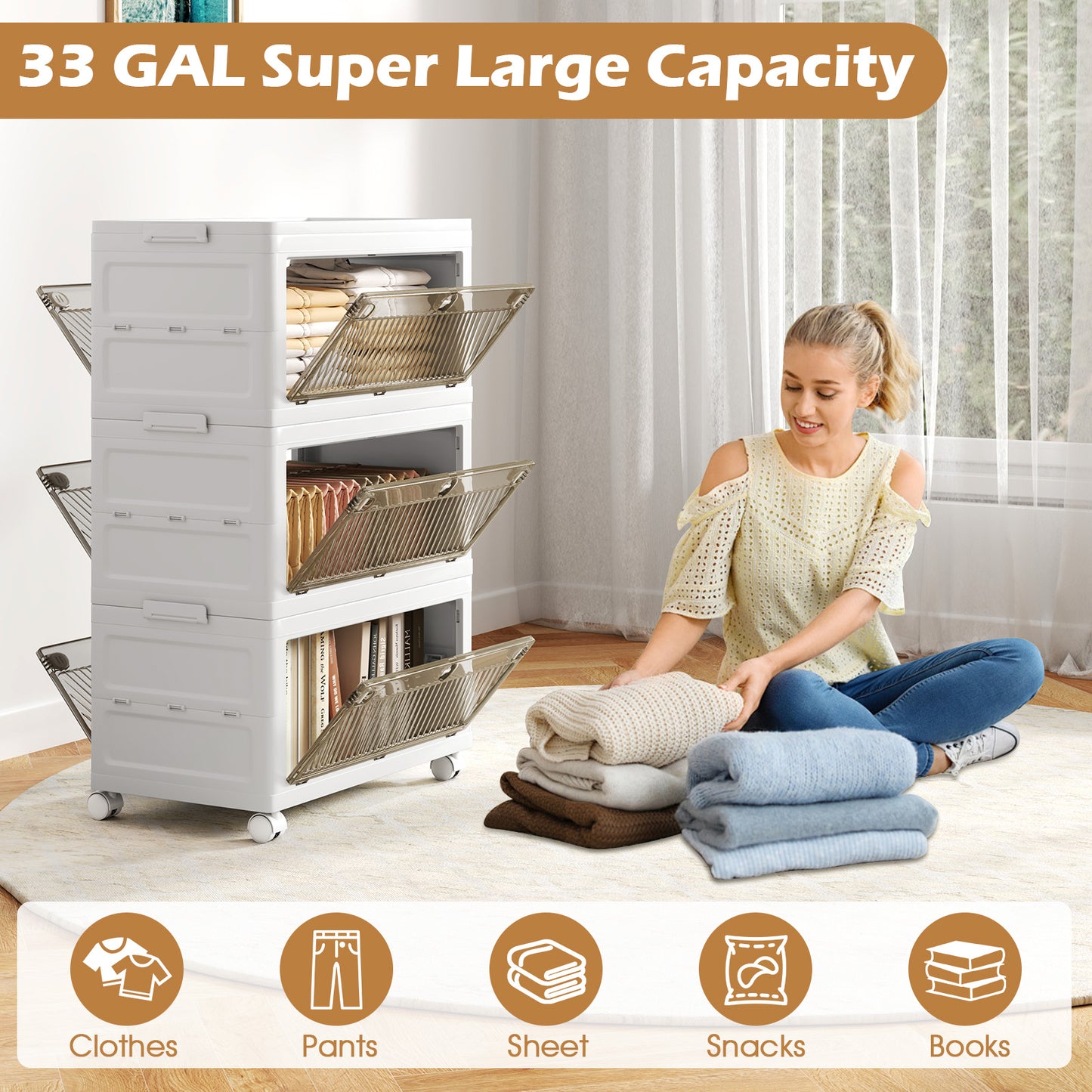 33 Gal 3-Pack Stackable Plastic Storage Bins with Lid for Bedroom Living Room-White