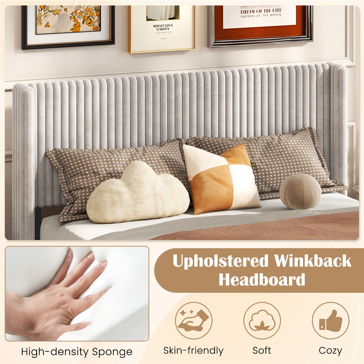Queen Size Velvet Bed Frame with Vertical Channel Tufted Wingback Headboard-White
