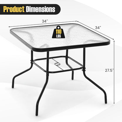 34 Inch Outdoor Dining Table Square Tempered Glass Table with 1.5 Inch Umbrella Hole-Black