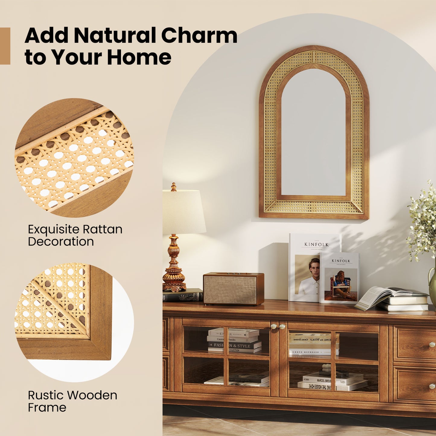 35.5 Inches x 23.5 Inches Rattan Wall Mounted Decorative Mirror with Wooden Frame-Natural