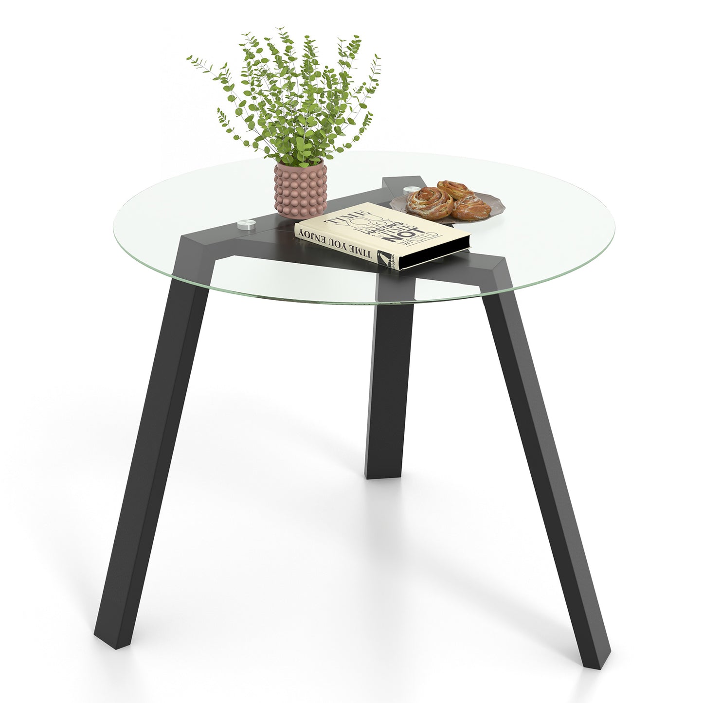 36 Inches Round Glass Dining Table for 4 with Rubber Wood Frame-Black