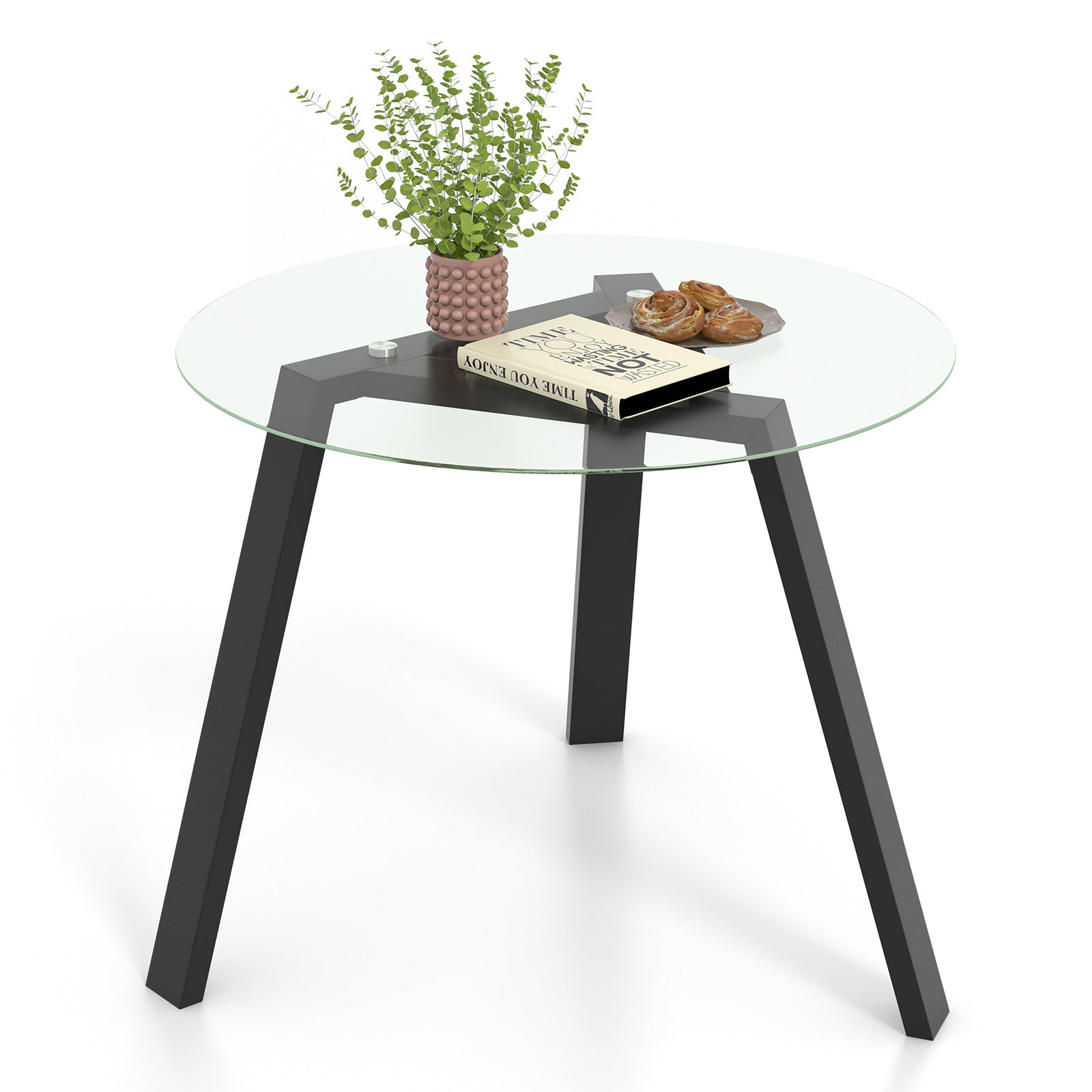 36 Inches Round Glass Dining Table for 4 with Rubber Wood Frame-Black