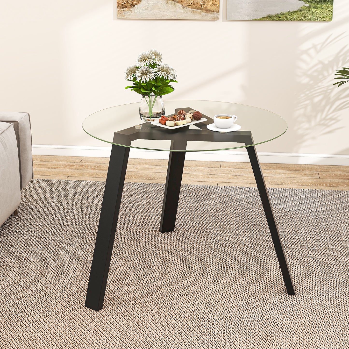 36 Inches Round Glass Dining Table for 4 with Rubber Wood Frame-Black