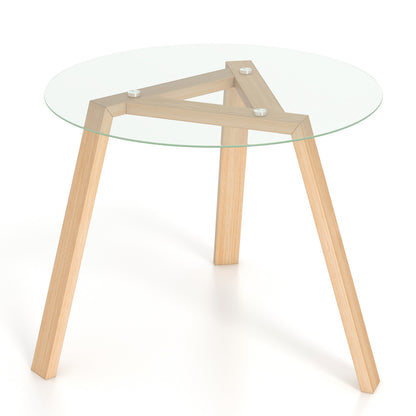 36 Inches Round Glass Dining Table for 4 with Rubber Wood Frame-Natural