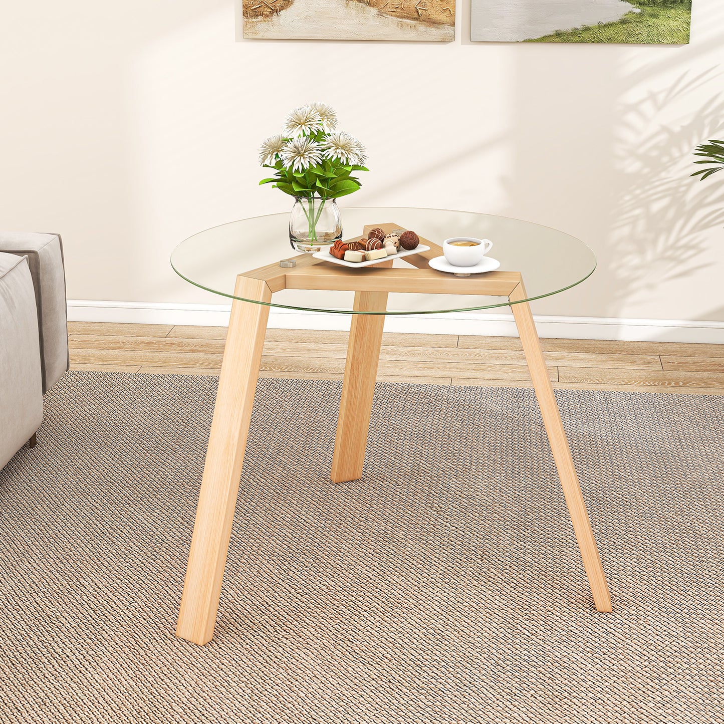 36 Inches Round Glass Dining Table for 4 with Rubber Wood Frame-Natural
