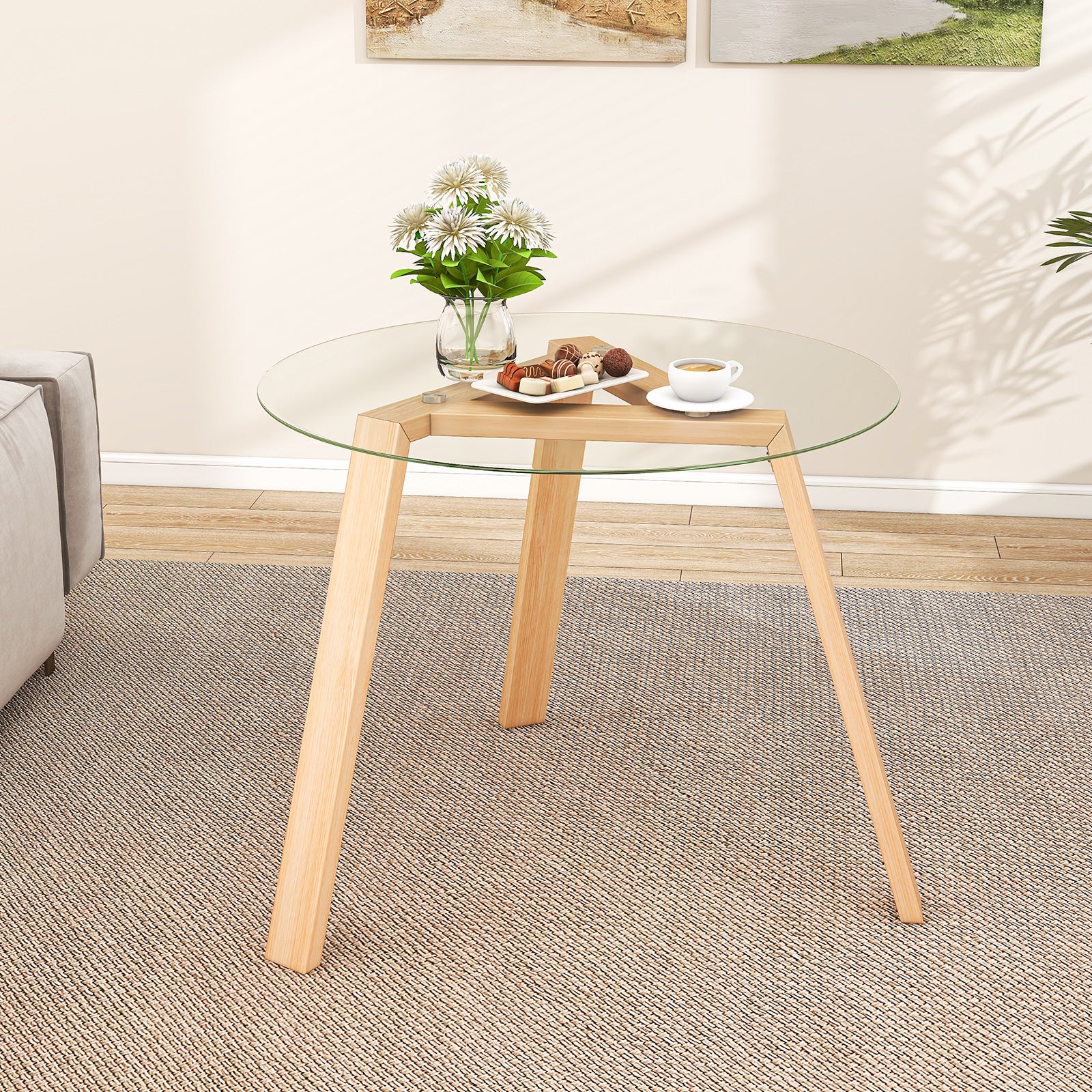 36 Inches Round Glass Dining Table for 4 with Rubber Wood Frame-Natural