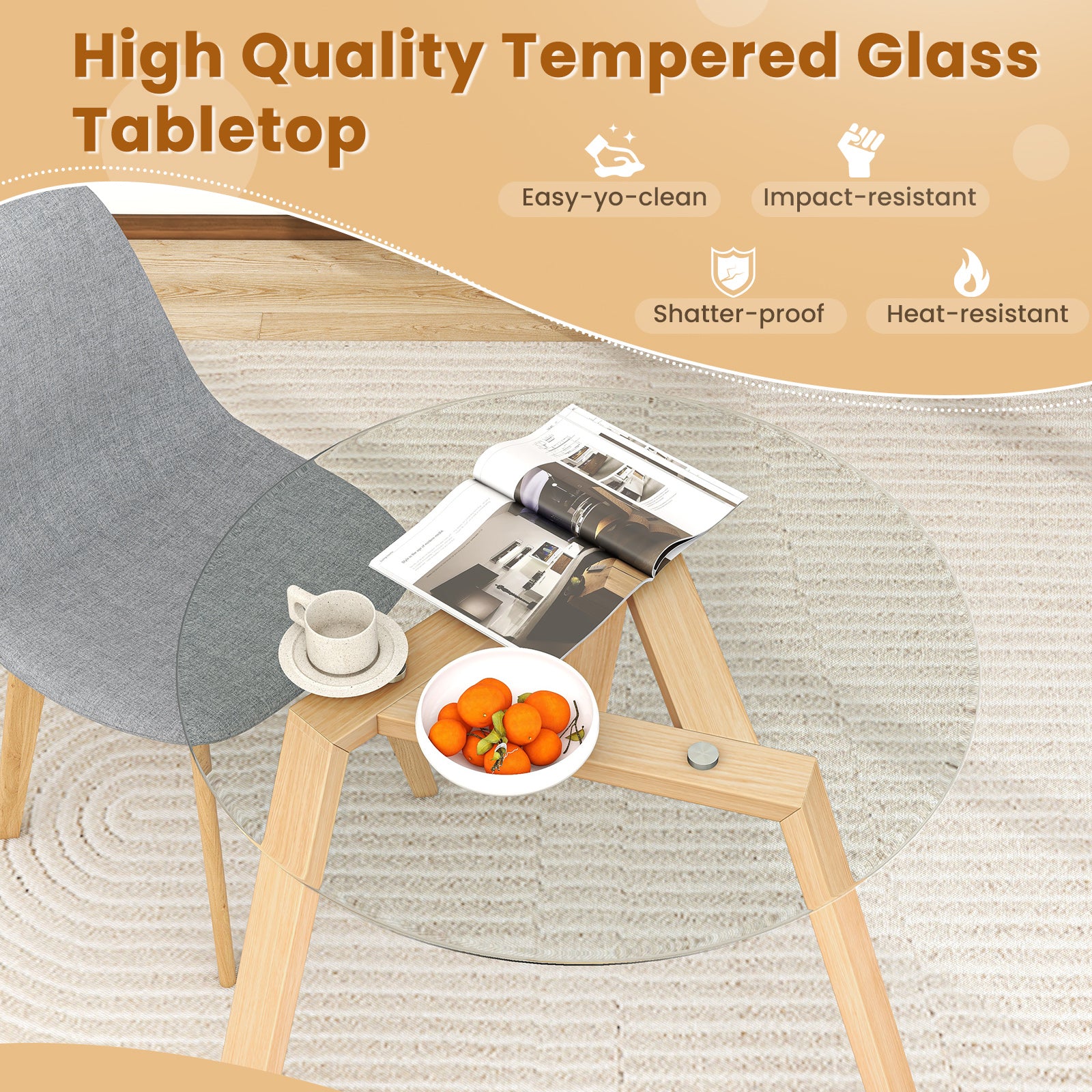 36 Inches Round Glass Dining Table for 4 with Rubber Wood Frame-Natural