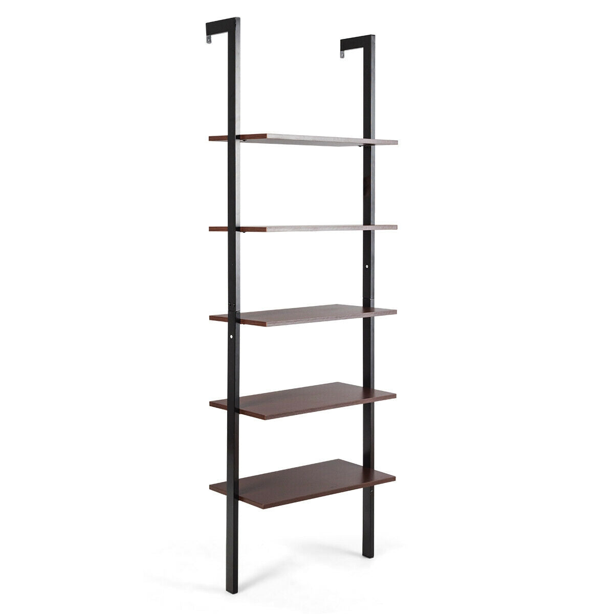 5-Tier Wood Look Ladder Shelf with Metal Frame for Home-White - Brown