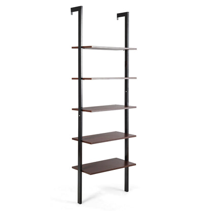 5-Tier Wood Look Ladder Shelf with Metal Frame for Home-White - Brown