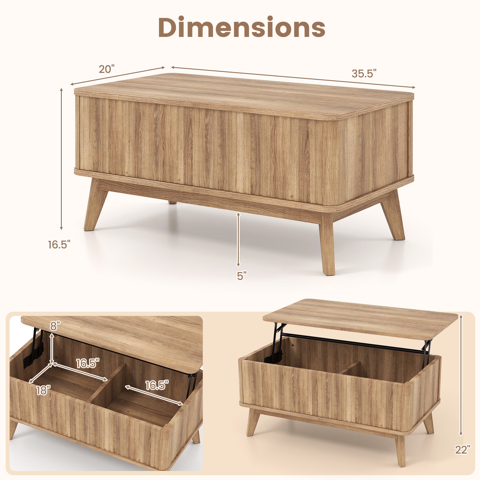 35.5" Rectangle Wooden Fluted Lift Top Coffee Table-Walnut