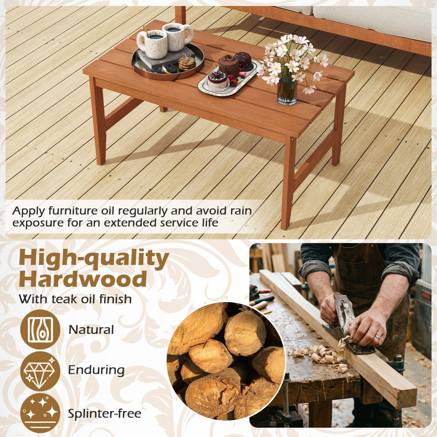 Rectangular Teak Wood Outdoor Coffee Table 35.5"