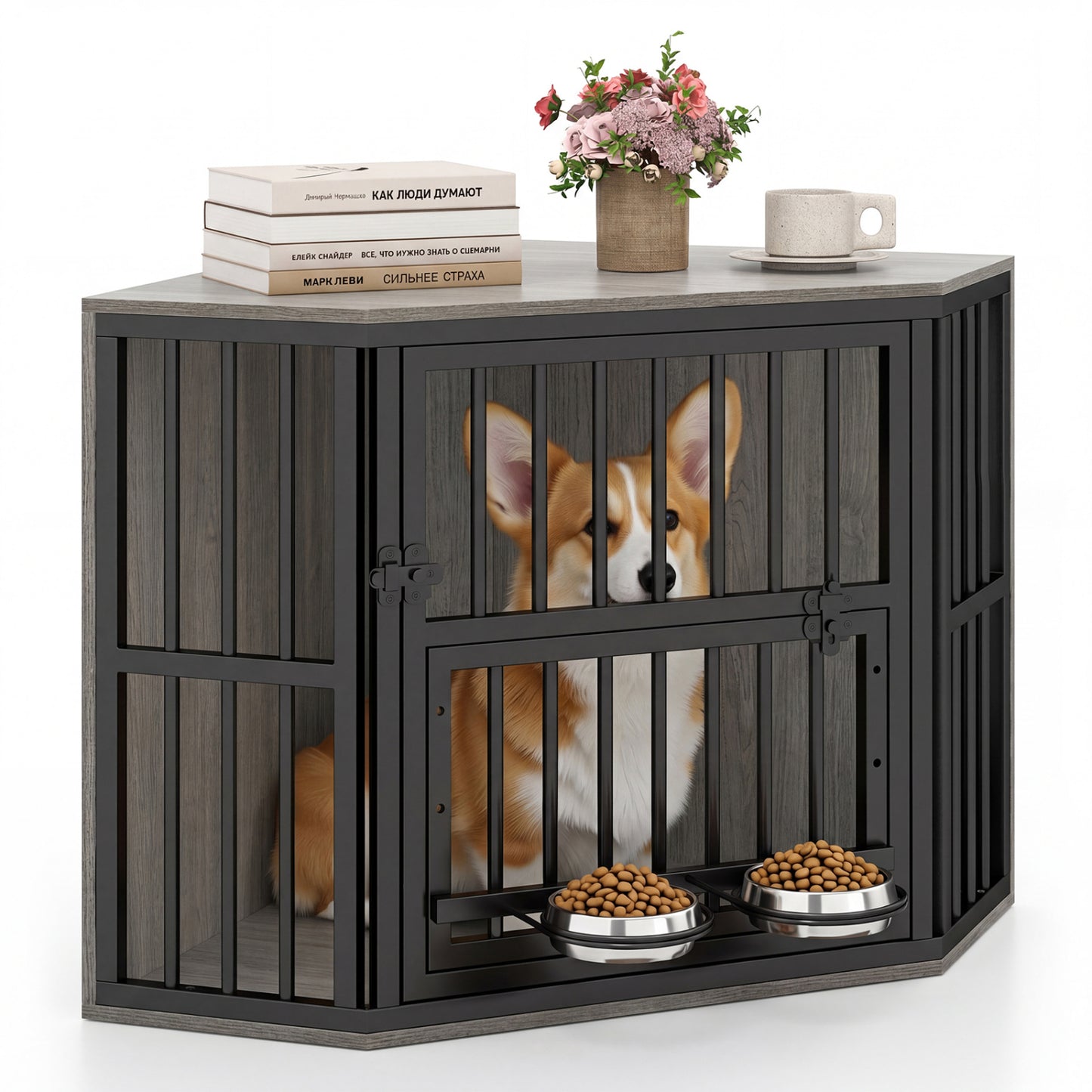 Wooden Dog Crate End Table with Adjustable Bowl Rack 35.5"