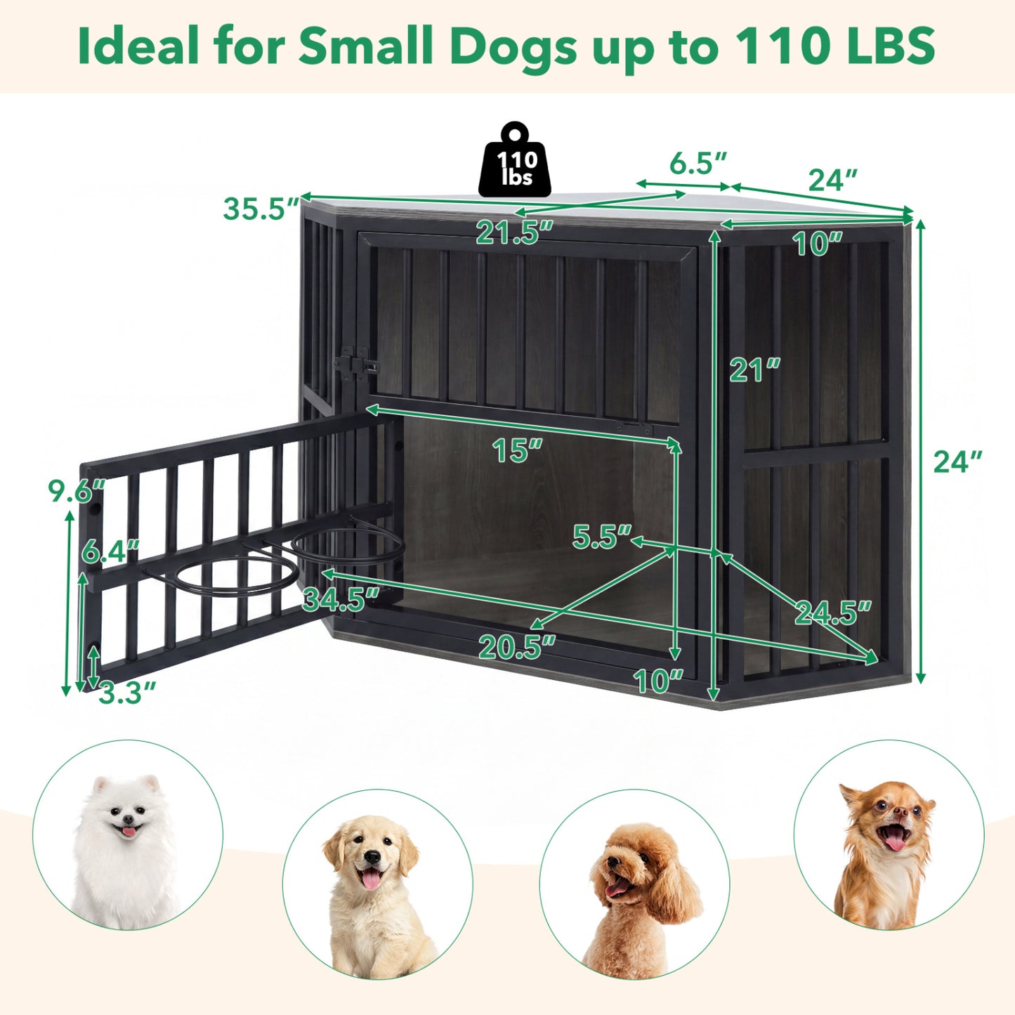 Wooden Dog Crate End Table with Adjustable Bowl Rack 35.5"