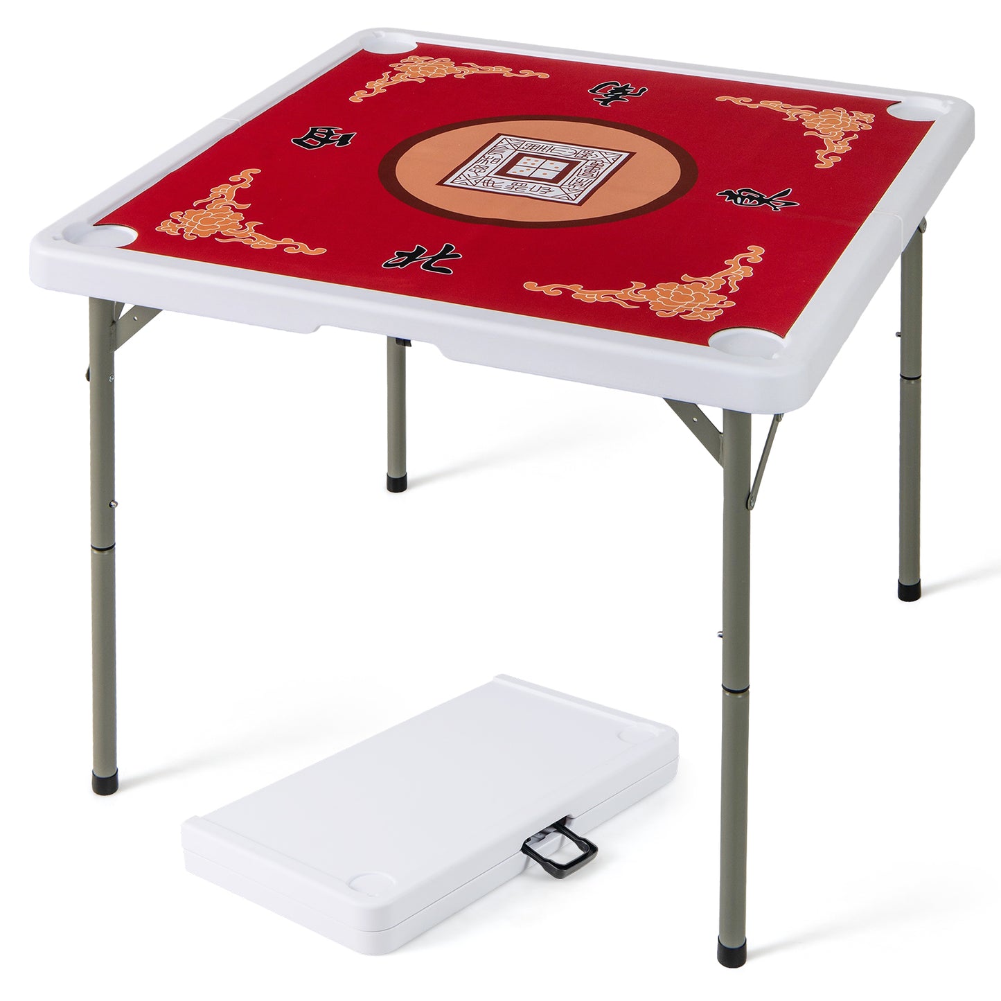 35 Inch 4 Player Game Card Folding Mahjong Table with Cup Holders-Green - Red