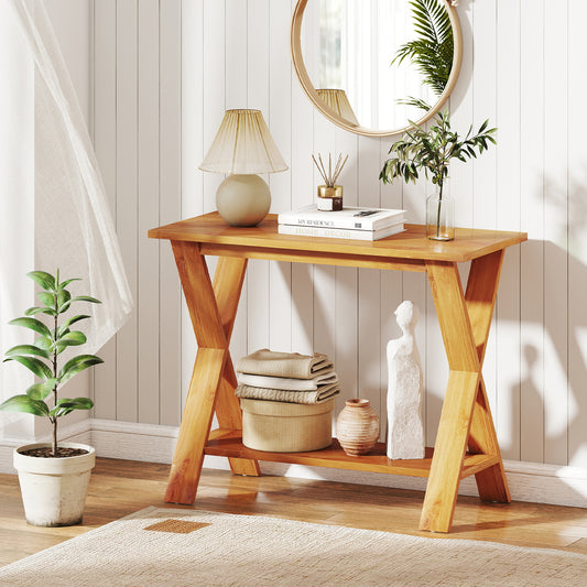 35 Inch Solid Teak Wood Console Table with Storage Shelf