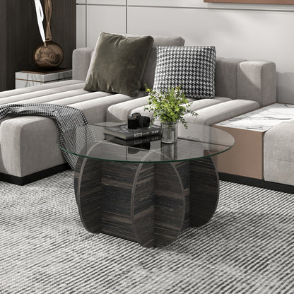 35" Round Coffee Table Unique Circle Center Table with Tempered Glass Top and Solid Wood Base-Black