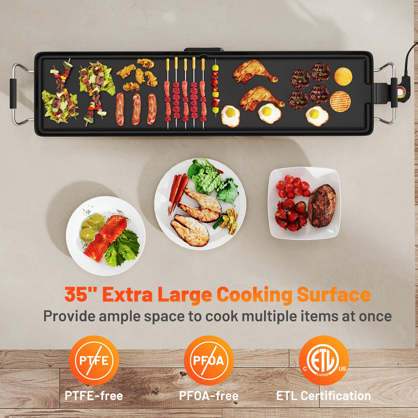 35 Inch Extra Large Electric Griddle with Adjustable Temperature Thermostats and Drip Tray