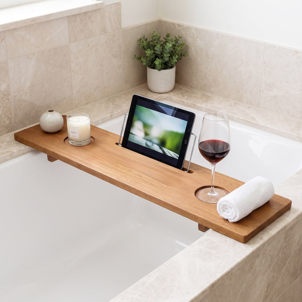 Bamboo Bathtub Caddy Tray with Adjustable Legs and Tablet Holder