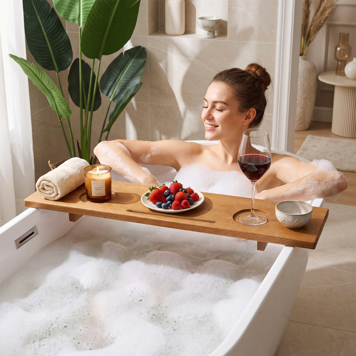 Bamboo Bathtub Caddy Tray with Adjustable Legs and Tablet Holder