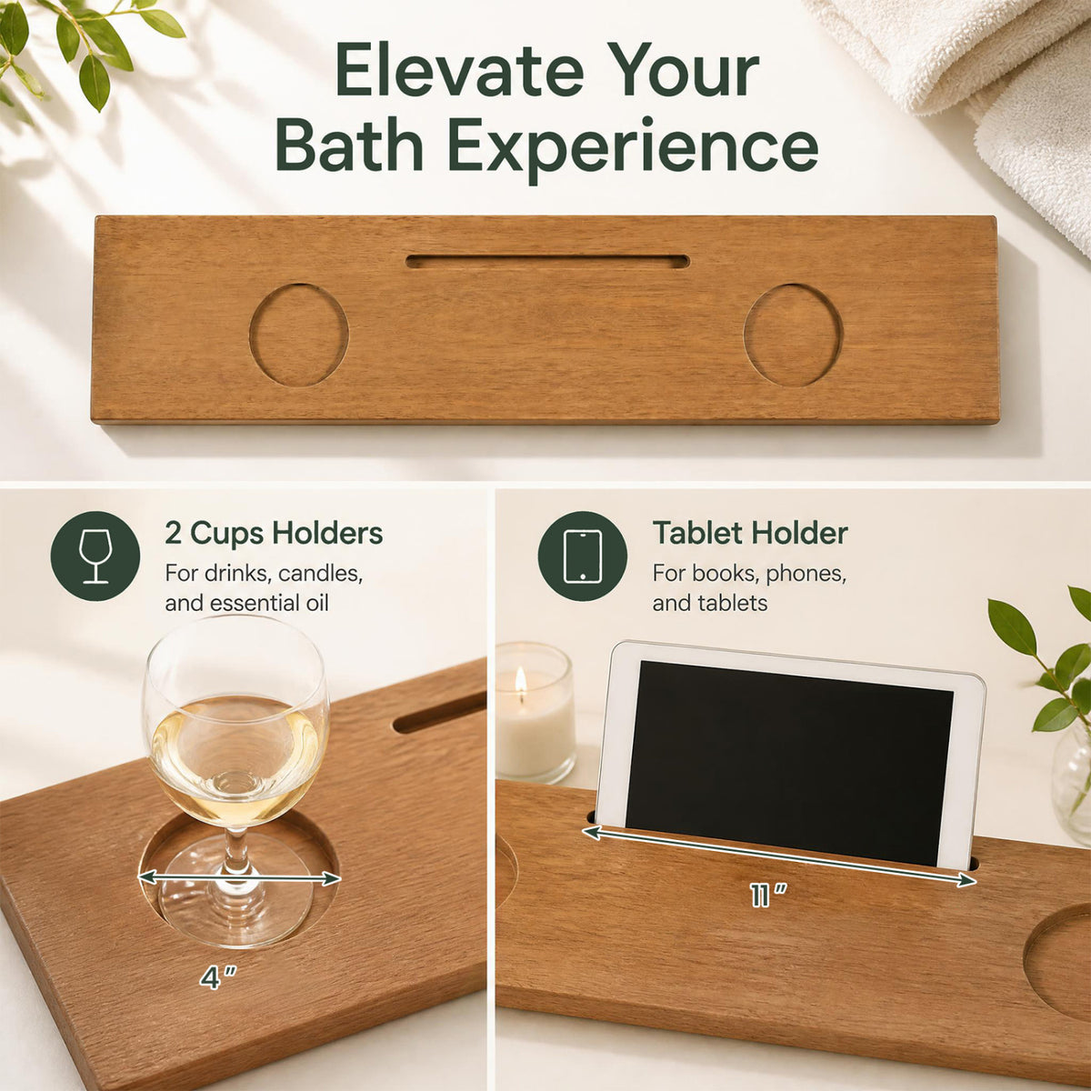 Bamboo Bathtub Caddy Tray with Adjustable Legs and Tablet Holder