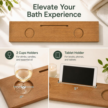 Bamboo Bathtub Caddy Tray with Adjustable Legs and Tablet Holder