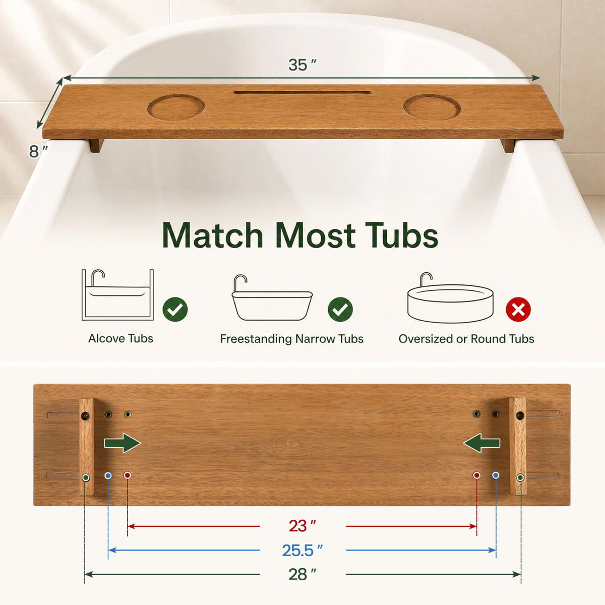 Bamboo Bathtub Caddy Tray with Adjustable Legs and Tablet Holder