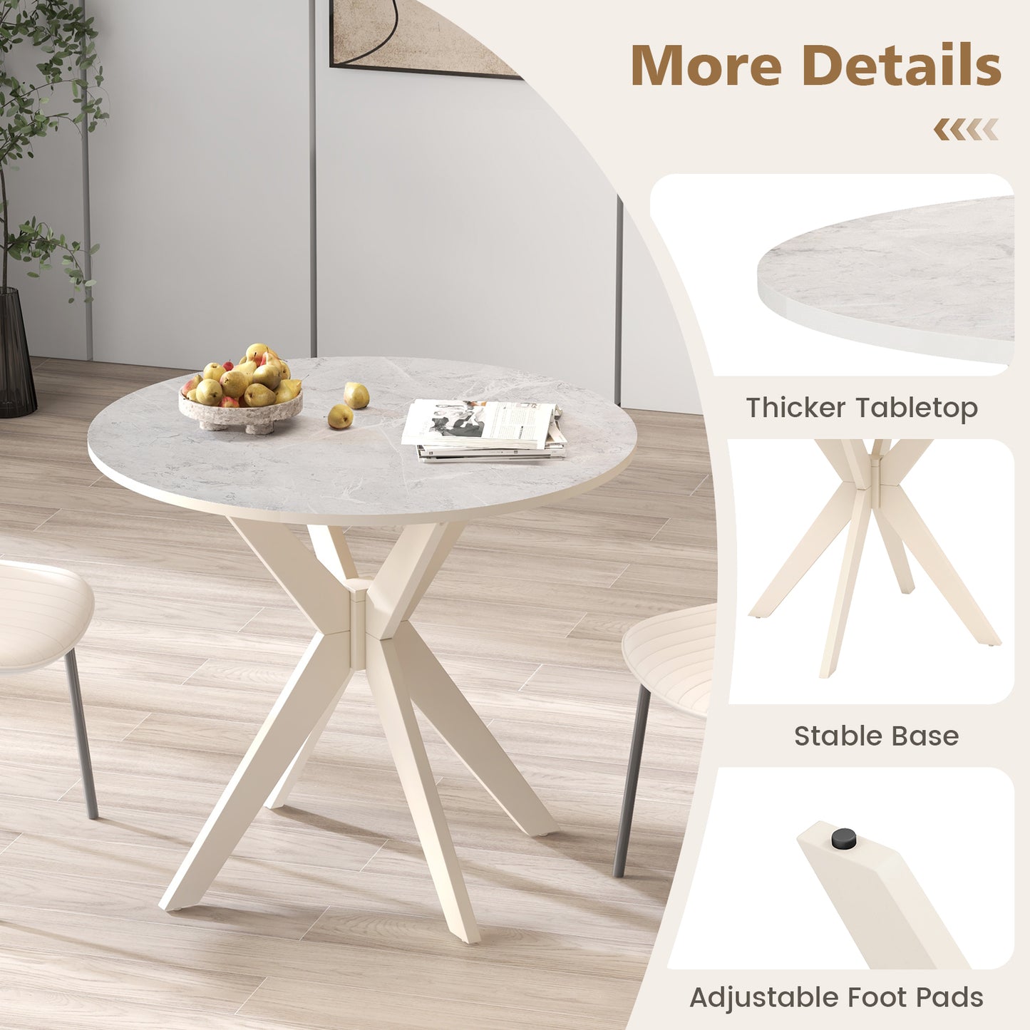 36-Inch Mid Century Modern Kitchen Table with Faux Marble Tabletop and Solid Rubber Wood Legs