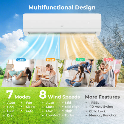 36000 BTU 2 Zone 19 SEER2 Mini Split AC with Heat Pump-12K + 24K