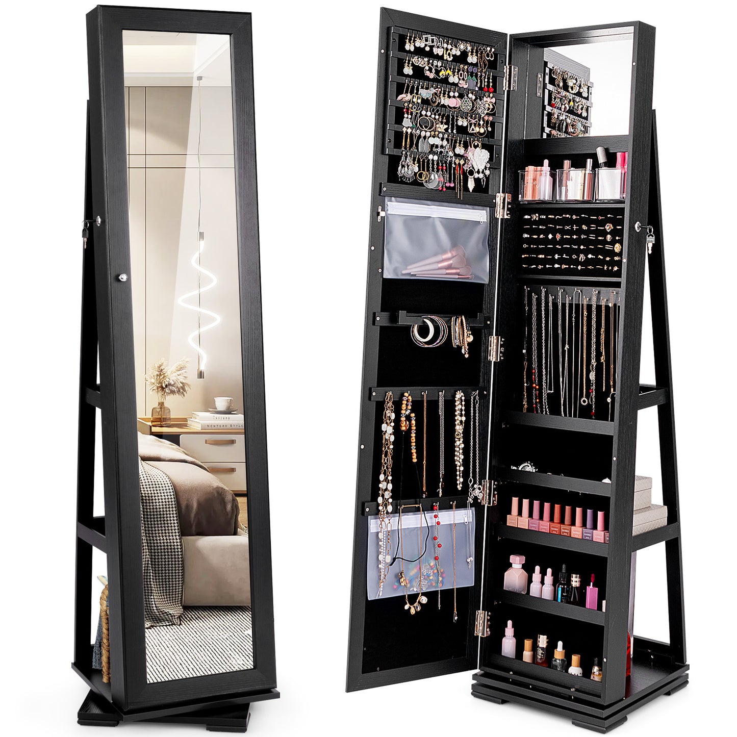360° Rotatable 2-in-1 Lockable Jewelry Cabinet with Full-Length Mirror-Gray - Black