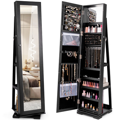 360° Rotatable 2-in-1 Lockable Jewelry Cabinet with Full-Length Mirror-Gray - Black