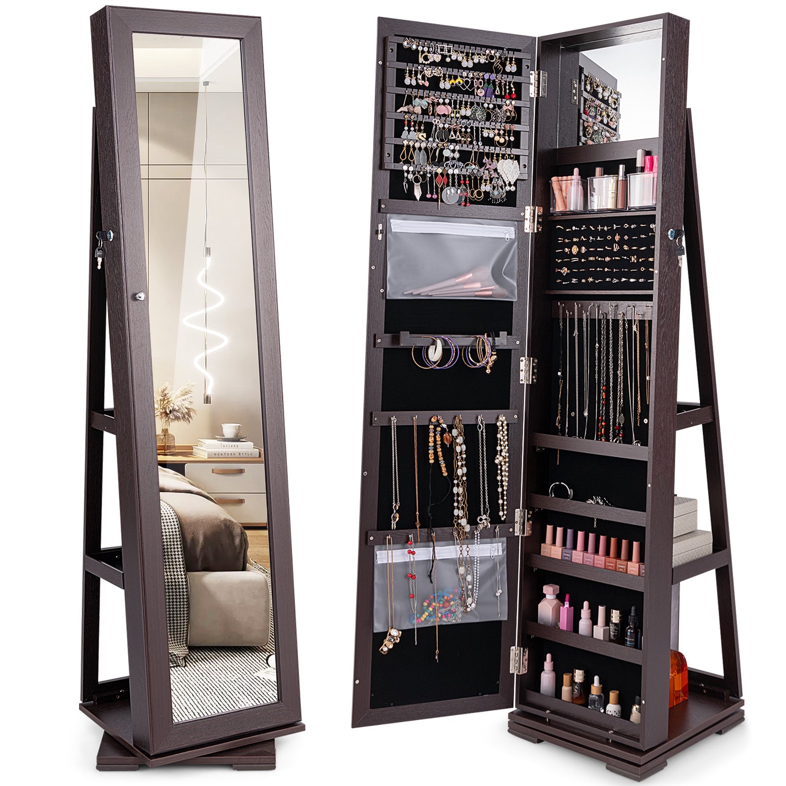 360° Rotatable 2-in-1 Lockable Jewelry Cabinet with Full-Length Mirror-Gray - Dark Brown