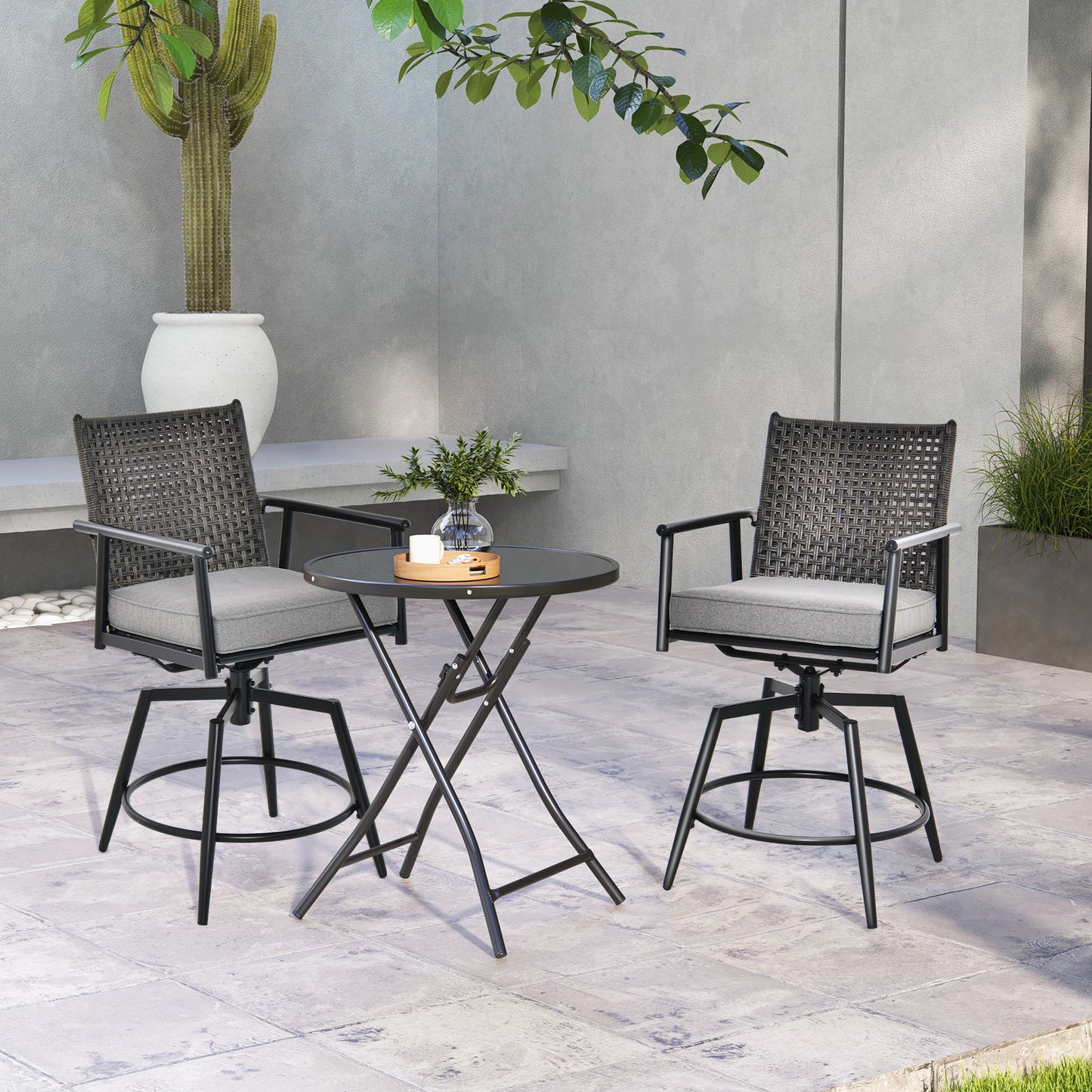 360 Degree Swivel Bar Stool Set of 2 with Metal Frame and PE Rattan Backrest-Black