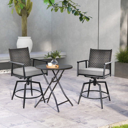 360 Degree Swivel Bar Stool Set of 2 with Metal Frame and PE Rattan Backrest-Black