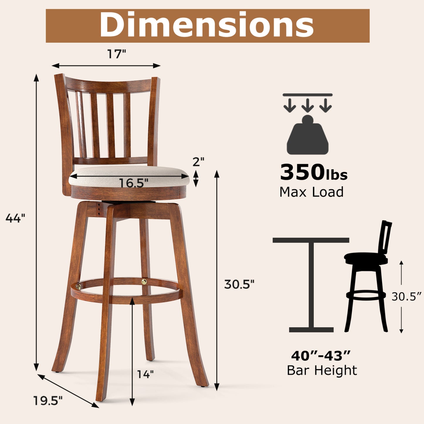 360¬∞ Rotating Counter Height Chairs Set of 4 with Backrest and Upholstered Seat-29 inches