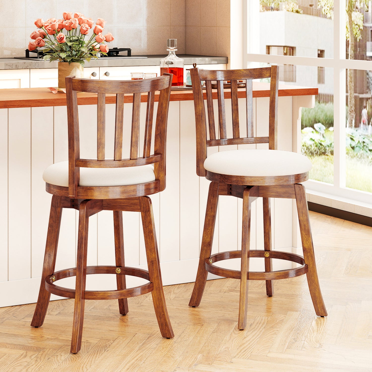 360¬∞ Rotating Counter Height Chairs Set of 2 with Upholstered Seat and Backrest-24 inches