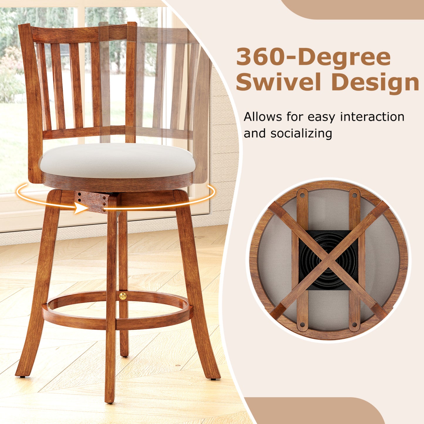 360¬∞ Rotating Counter Height Chairs Set of 2 with Upholstered Seat and Backrest-24 inches