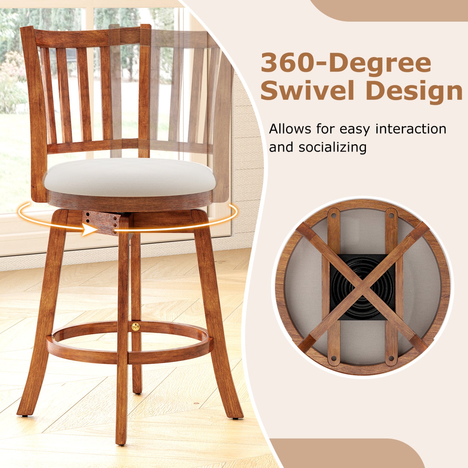 360¬∞ Rotating Counter Height Chairs Set of 2 with Upholstered Seat and Backrest-24 inches