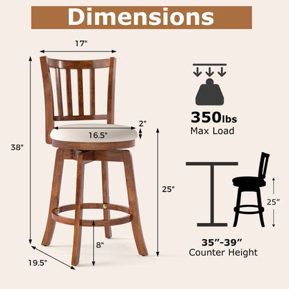360¬∞ Rotating Counter Height Chairs Set of 2 with Upholstered Seat and Backrest-24 inches